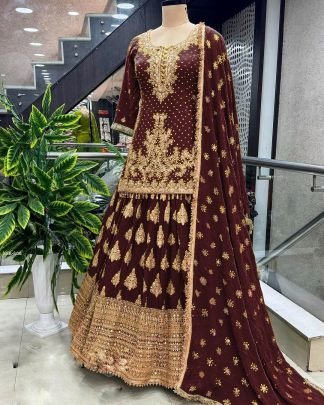 Heavy Embroidered Maroon Chinon Silk Peplum Top Lehenga Choli