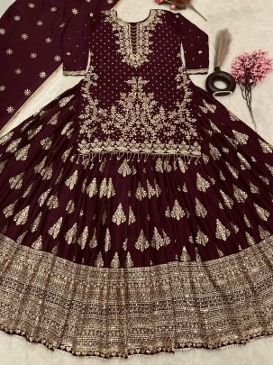 Heavy Embroidered Maroon Chinon Silk Peplum Top Lehenga Choli