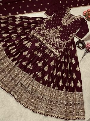Heavy Embroidered Maroon Chinon Silk Peplum Top Lehenga Choli
