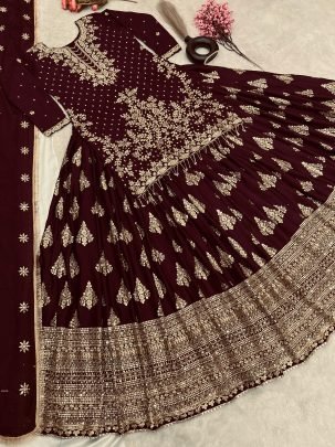 Heavy Embroidered Maroon Chinon Silk Peplum Top Lehenga Choli