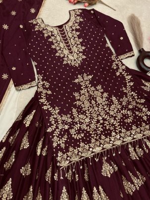 Heavy Embroidered Maroon Chinon Silk Peplum Top Lehenga Choli