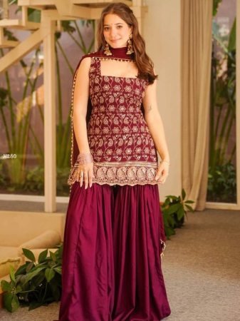 Heavy Embroidered Maroon Sharara Suit