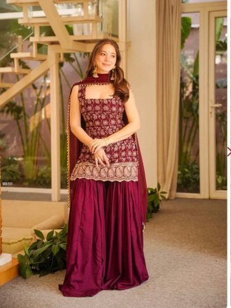 Heavy Embroidered Maroon Sharara Suit