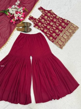 Heavy Embroidered Maroon Sharara Suit