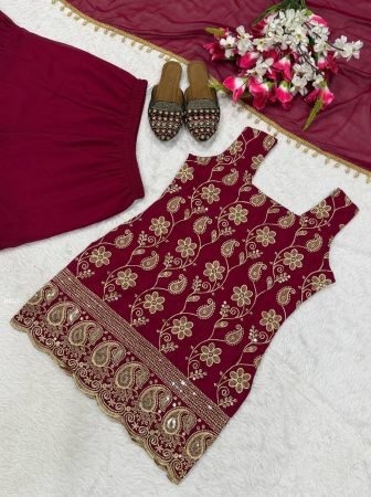 Heavy Embroidered Maroon Sharara Suit