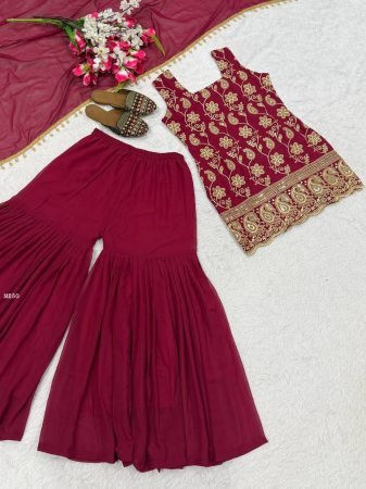 Heavy Embroidered Maroon Sharara Suit