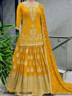 Heavy Embroidered Yellow Chinon Silk Peplum Top Lehenga Choli