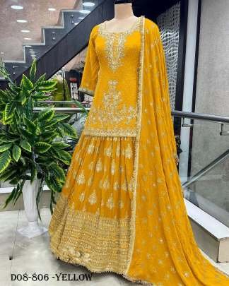 Heavy Embroidered Yellow Chinon Silk Peplum Top Lehenga Choli