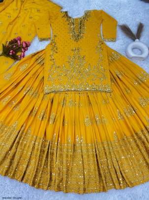 Heavy Embroidered Yellow Chinon Silk Peplum Top Lehenga Choli