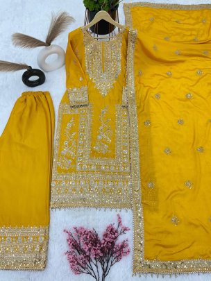  Heavy Embroidery Coding Dori Sequence Work Yellow Readymade Palazzo Suit 
