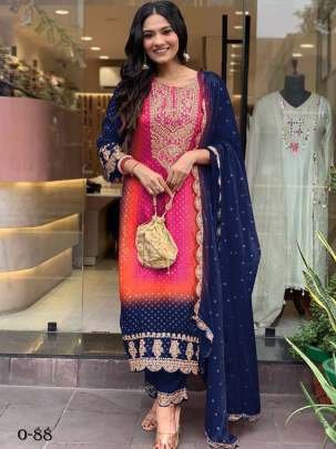 Navy Blue Kurti Pant Set With Embroidered Work