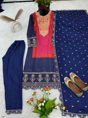 Navy Blue Kurti Pant Set With Embroidered Work