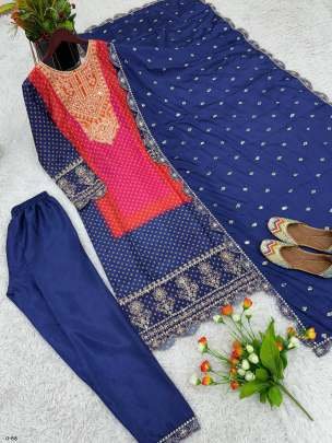Navy Blue Kurti Pant Set With Embroidered Work