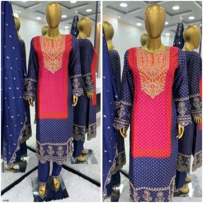 Navy Blue Kurti Pant Set With Embroidered Work