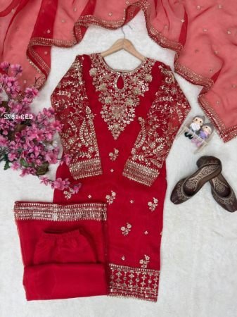 Heavy Embroidery Organza Silk Kurti Set For Wedding