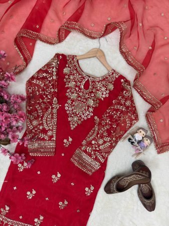 Heavy Embroidery Organza Silk Kurti Set For Wedding