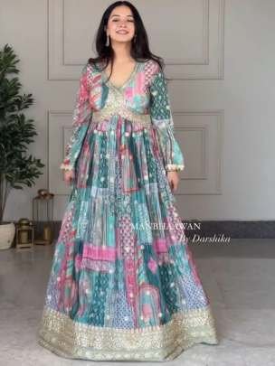 Heavy Embroidery Sequence Work Rama Gown Pant With Dupatta