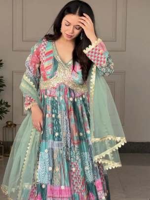 Heavy Embroidery Sequence Work Rama Gown Pant With Dupatta