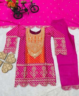 Heavy Embroidery Sequence Work Kid Top Bottom And Dupatta Set