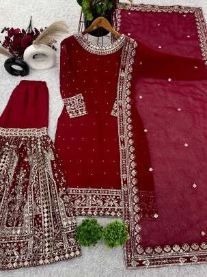 Heavy Embroidery Sequence Work Red Gharara Suit