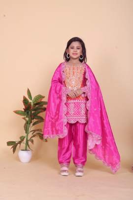 Heavy Embroidery Sequence Work Kid Top Bottom And Dupatta Set