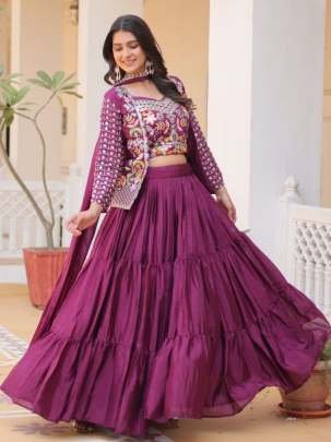 Heavy Embroidery Thread Work Wine Lehenga Choli Dupatta With Koti