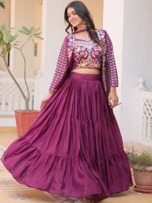 Heavy Embroidery Thread Work Wine Lehenga Choli Dupatta With Koti