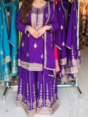 Heavy Embroidery With Sequence Work Violet Colour Sharara Suit