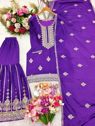 Heavy Embroidery With Sequence Work Violet Colour Sharara Suit