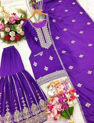 Heavy Embroidery With Sequence Work Violet Colour Sharara Suit