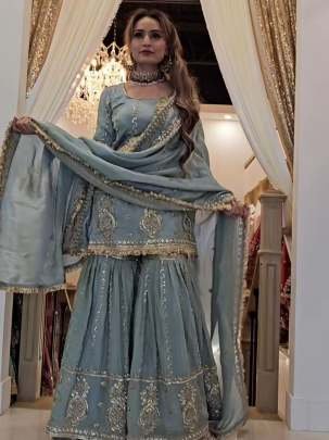 Heavy Embroidery Work Grey Sharara Suit For Women