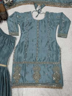 Heavy Embroidery Work Grey Sharara Suit For Women