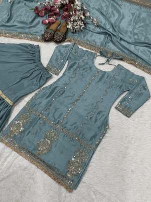 Heavy Embroidery Work Grey Sharara Suit For Women