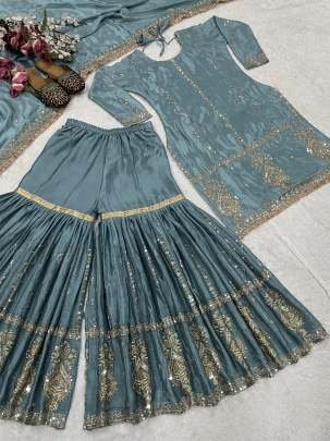 Heavy Embroidery Work Grey Sharara Suit For Women