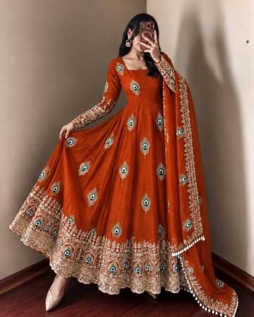 Heavy Embroidery Work Orange Colour Anarkali Suit