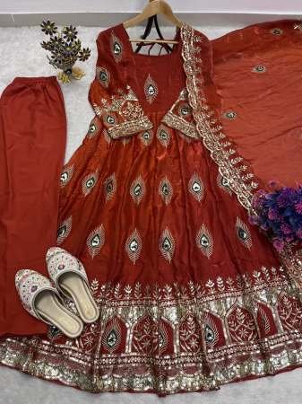 Heavy Embroidery Work Orange Colour Anarkali Suit