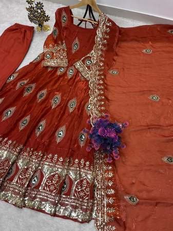 Heavy Embroidery Work Orange Colour Anarkali Suit