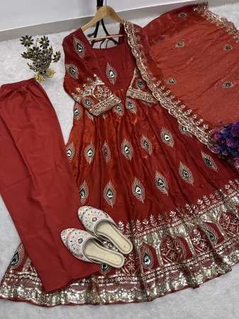 Heavy Embroidery Work Orange Colour Anarkali Suit