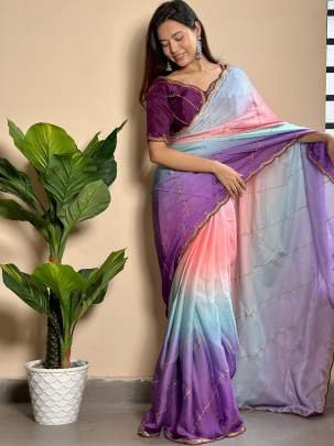 Heavy Embroidery Work Wine Colour Georgette Satin Saree