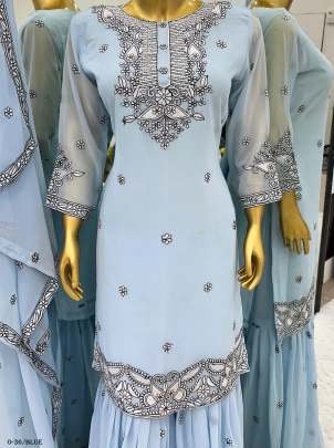 Heavy Faux Georgette Embroidery Blue Gharara and Dupatta Set
