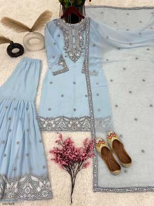 Heavy Faux Georgette Embroidery Blue Gharara and Dupatta Set