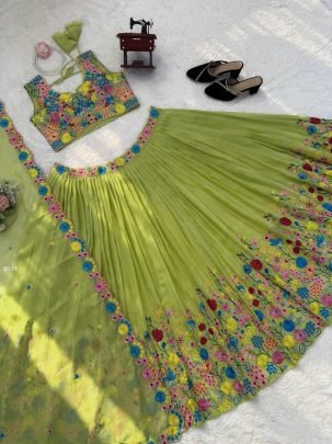 Heavy Green Tabby Organza Silk Lehenga Choli With Thread With Sequence