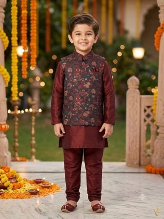 Heavy Jacquard Silk Kids Koti Kurta Pajama Set