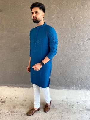 Heavy Rayon Chikan Work Blue Kurta Pyjama