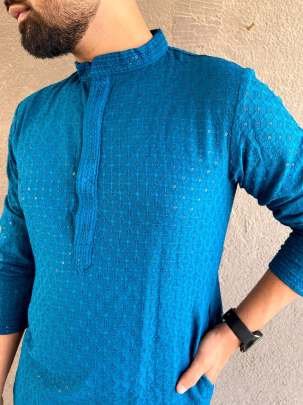 Heavy Rayon Chikan Work Blue Kurta Pyjama