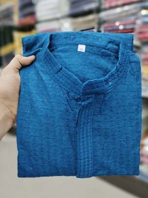 Heavy Rayon Chikan Work Blue Kurta Pyjama