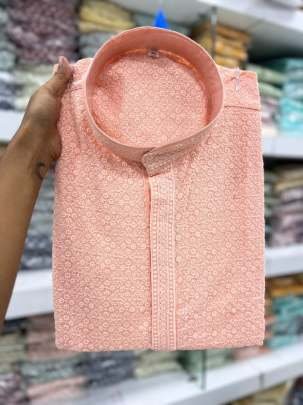 Heavy Rayon Chikan Work Peach Kurta Pyjama