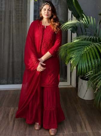 Heavy Rayon Fabric Red Colour Sharara Suit