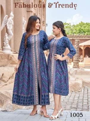 Heavy Rayon Gold Foil Print Blue Mother Daughter Kurti Combo Set 