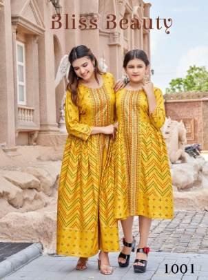 Heavy Rayon Gold Foil Print Yellow Mother Daughter Kurti Combo Set 